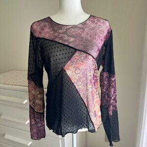 J. Jill Stretch Sheer Patchwork Boho Blouse Black/Purple Lace/Floral Size M EUC